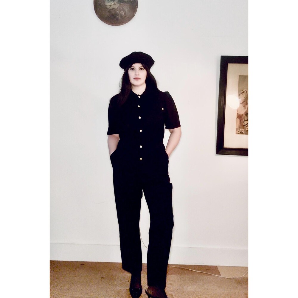 S-M // vintage black short sleeve cinch jumpsuit // romper